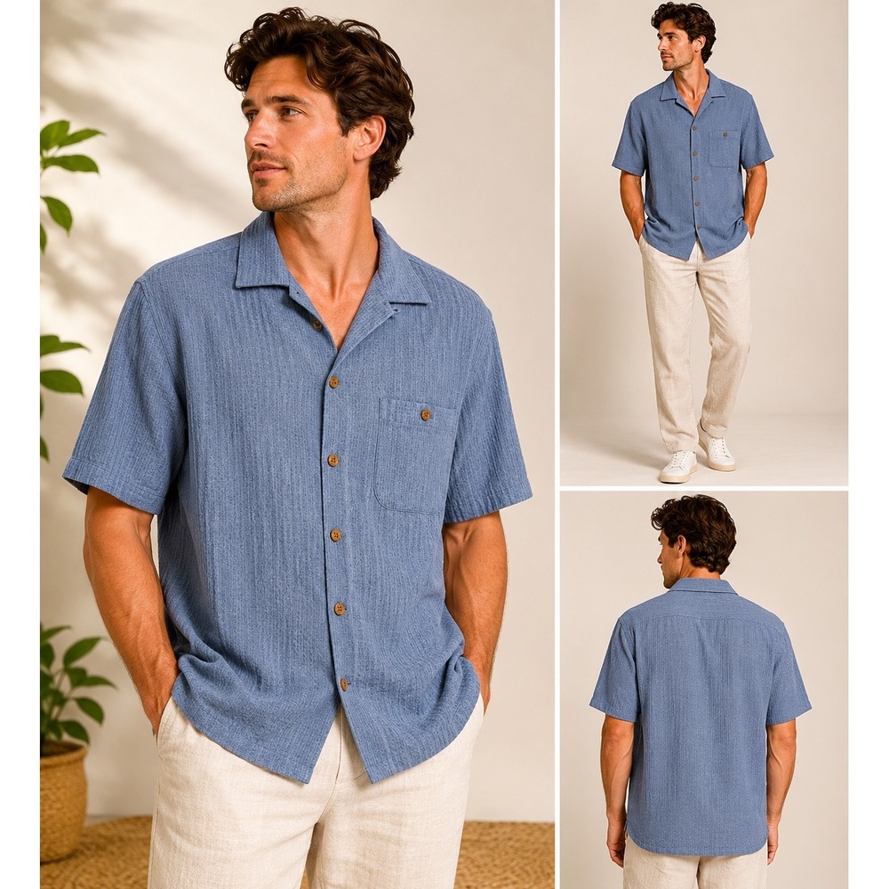 Porcini Mens Blue 100% Silk Textured Short Sleeve Camp Shirt Size L Button Down